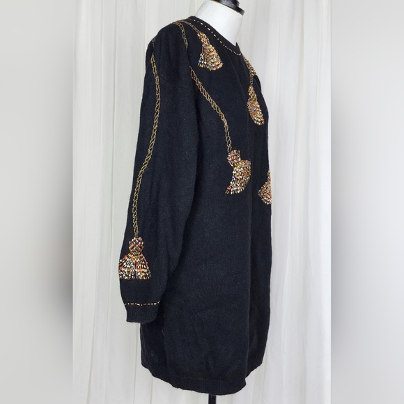 Vintage black wool knit tassel beaded rhinestone Christmas Xmas tunic sweater L - Picture 3 of 5